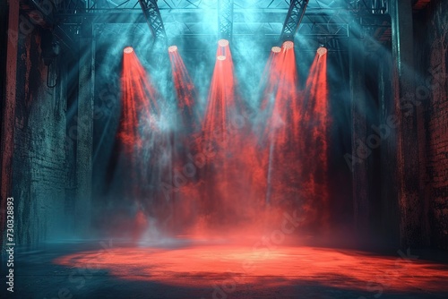 immerse yourself in an ethereal world: empty dark stage transformed with mist, fog, and red spotlights, perfect for showcasing artistic works and products.