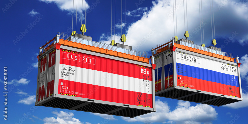 Shipping containers with flags of Austria and Russia - 3D illustration