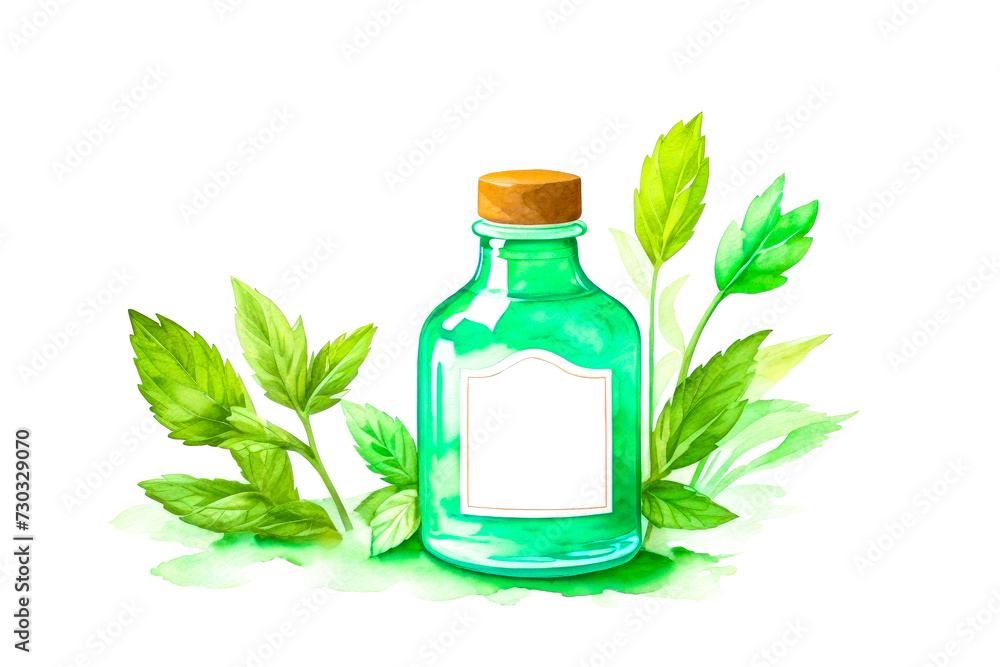 Peppermint essential oil in a glass bottle and a labeled tag. Mint oil with fresh mint leaves isolated on white background with copy space, watercolor illustration. idea for skin care and alternative Peppermint essential oil in a glass bottle and a labeled tag. Mint oil with fresh mint leaves isolated on white background with copy space, watercolor illustration. idea for skin care and alternative