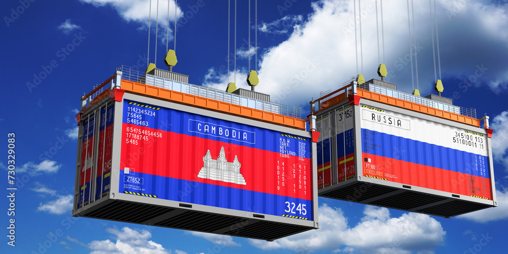 Shipping containers with flags of Cambodia and Russia - 3D illustration