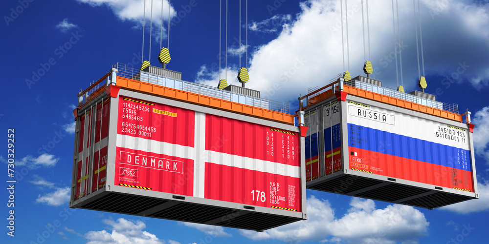 Shipping containers with flags of Denmark and Russia - 3D illustration