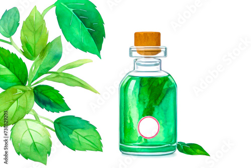 Small bottle of essential oils with fresh mint leaves. Mint oil on white background, with copy space, watercolor illustration. idea for skin care and alternative medicine, aromatherapy
