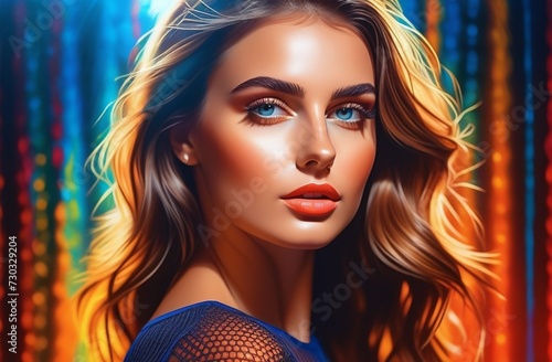 acril painting of flawless model, girl, mesh on her face and clothes, bold energy, volumetric light, rays, bright color reflections, beauty, photo