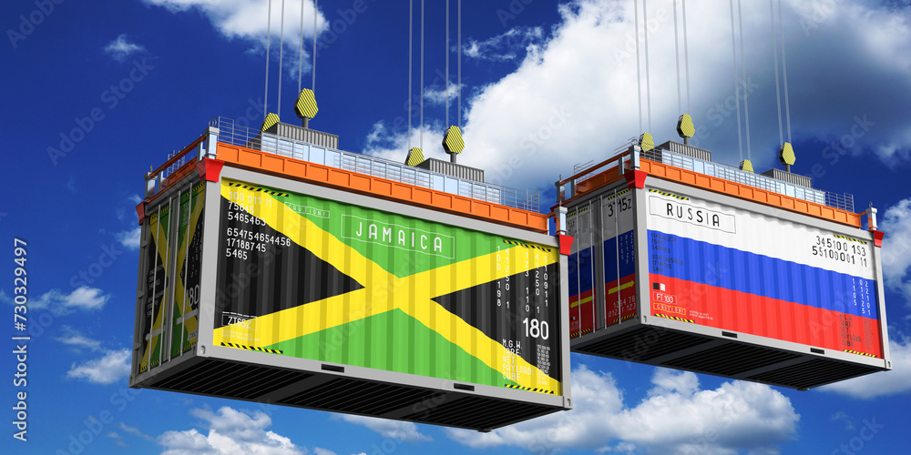 Shipping containers with flags of Jamaica and Russia - 3D illustration
