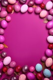 Magenta background with colorful easter eggs round frame