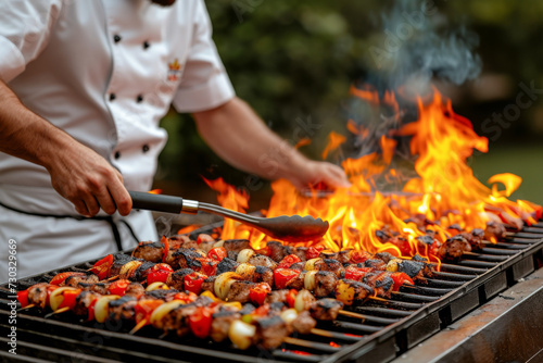Close-up of a chef cooking shish kebab on the grill