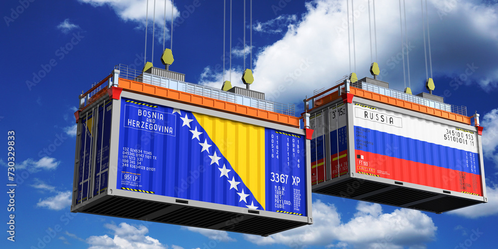 Shipping containers with flags of Bosnia and Herzegovina and Russia - 3D illustration