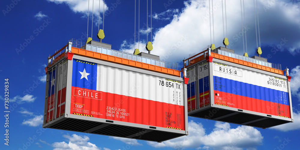 Shipping containers with flags of Chile and Russia - 3D illustration