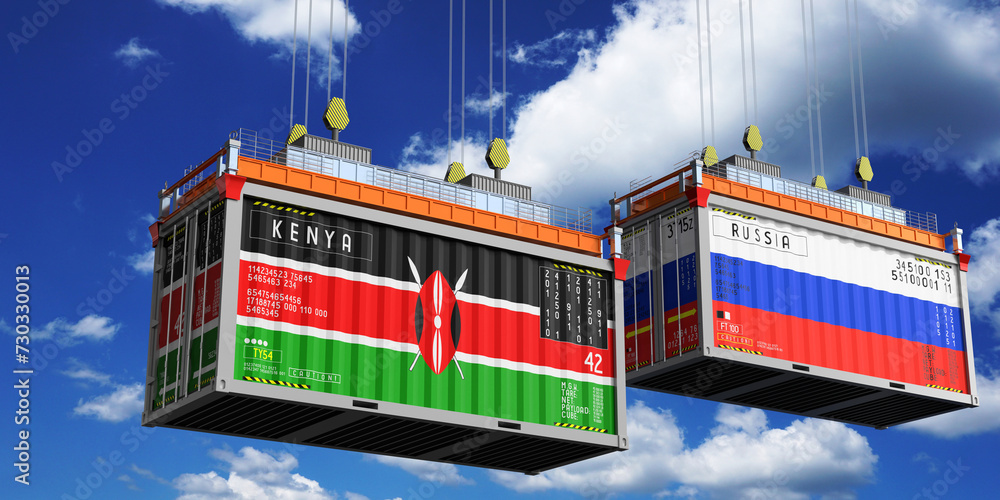 Shipping containers with flags of Kenya and Russia - 3D illustration