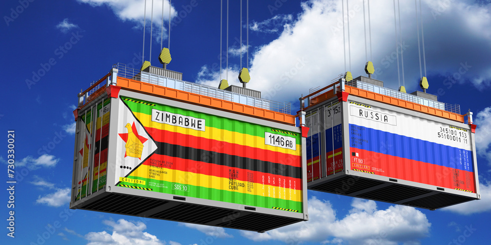 Shipping containers with flags of Zimbabwe and Russia - 3D illustration
