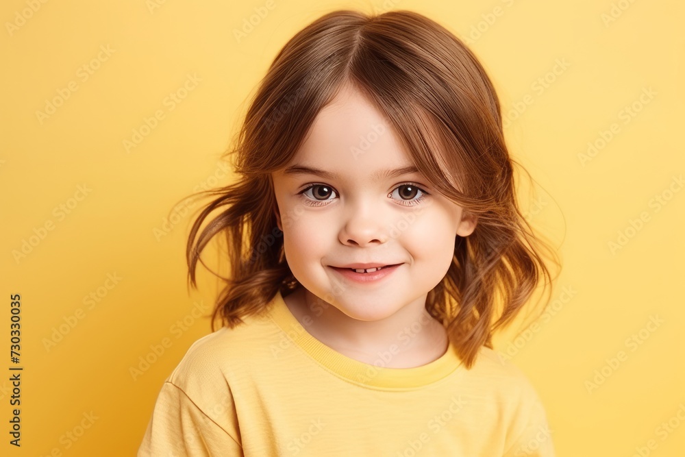 Portrait of a cute little girl in a yellow T-shirt on a yellow background Portrait of a cute little girl in a yellow T-shirt on a yellow background