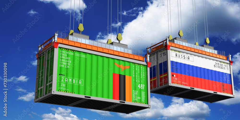 Shipping containers with flags of Zambia and Russia - 3D illustration