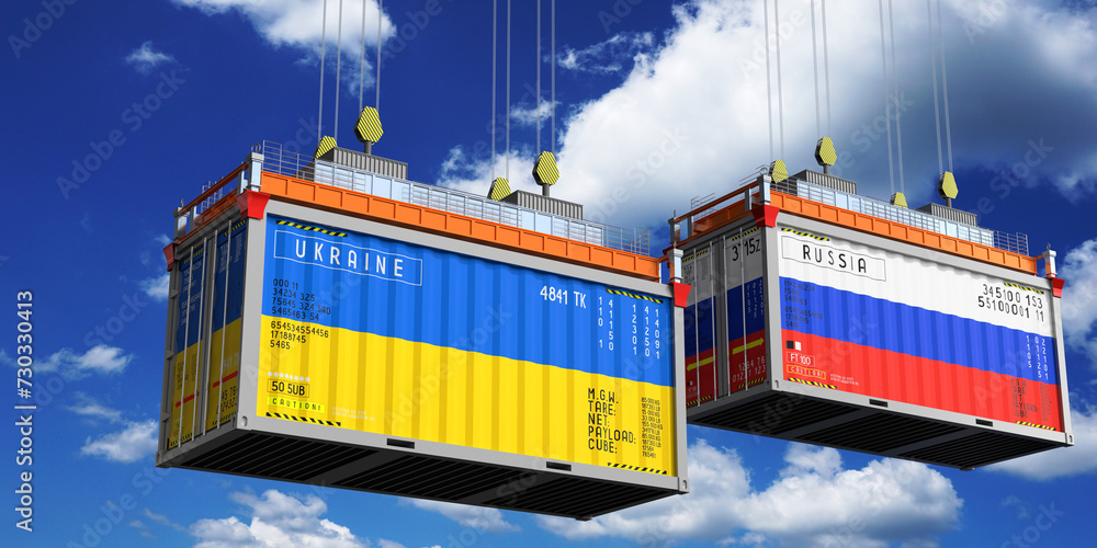 Shipping containers with flags of Ukraine and Russia - 3D illustration