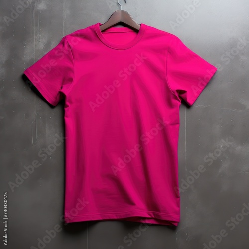 Magenta t shirt is seen against a gray wall
