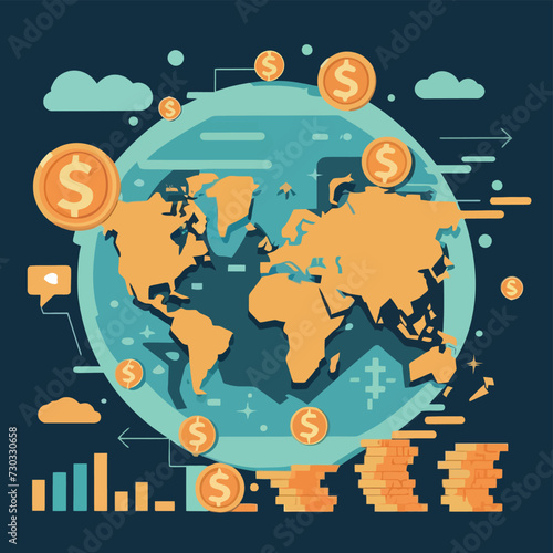 2d vector illustration colorful trading over the world map money bitcoin crypto 
