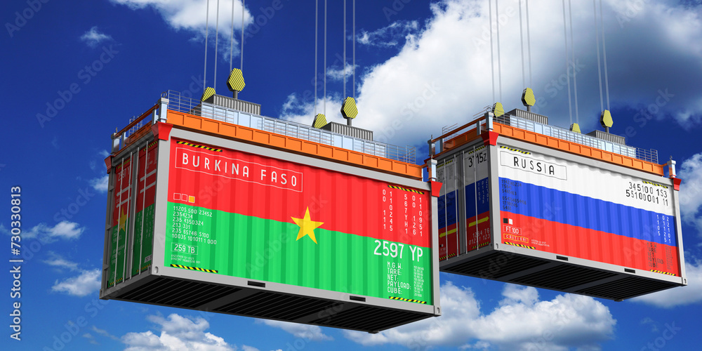 Shipping containers with flags of Burkina Faso and Russia - 3D illustration