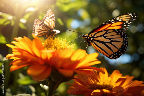 Monarch butterflies on vibrant orange flowers in natural habitat. Wildlife and nature.