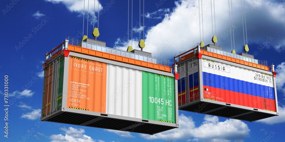 Shipping containers with flags of Ivory Coast and Russia - 3D illustration Shipping containers with flags of Ivory Coast and Russia - 3D illustration