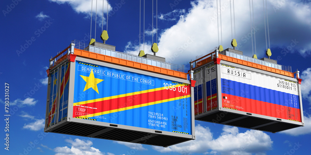 Shipping containers with flags of Democratic Republic of the Congo and Russia - 3D illustration Shipping containers with flags of Democratic Republic of the Congo and Russia - 3D illustration