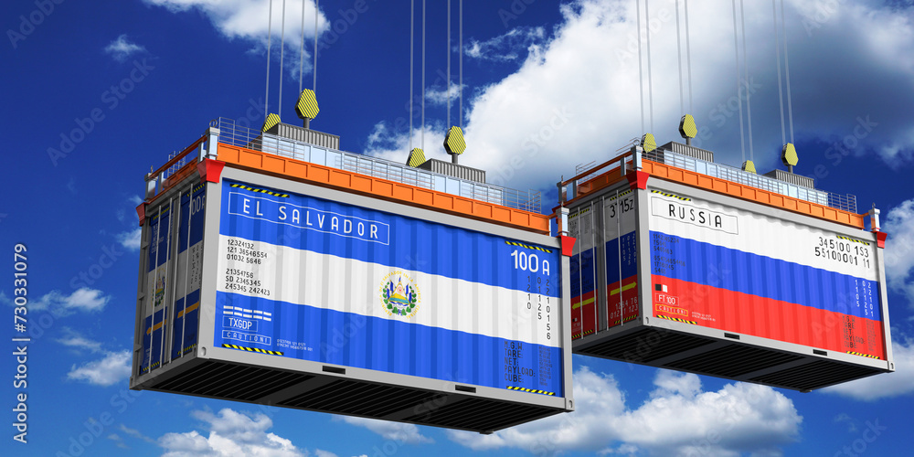 Shipping containers with flags of El Salvador and Russia - 3D illustration