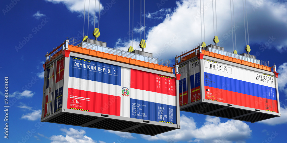 Shipping containers with flags of Dominican Republic and Russia - 3D illustration