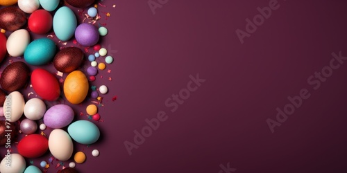 Maroon background with colorful easter eggs round frame texture