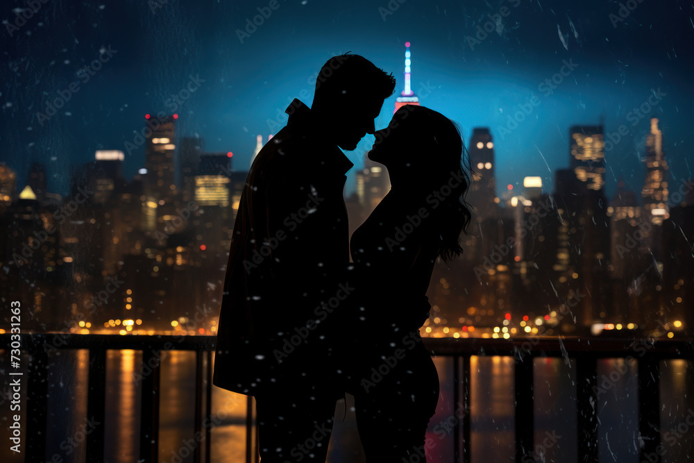 Romantic couple silhouette against city skyline at night. Urban love story.