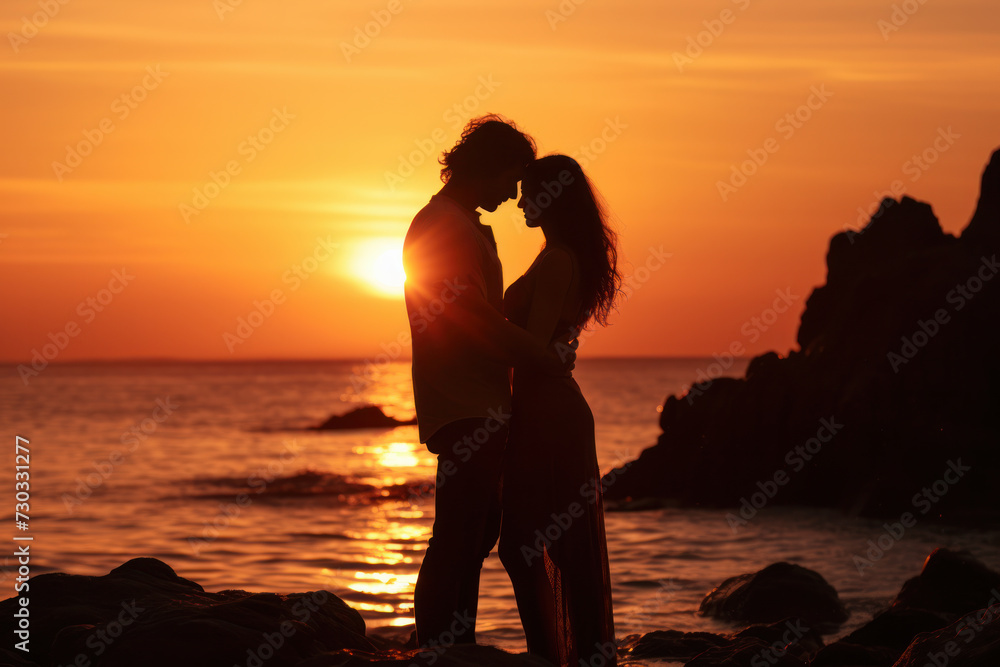 Fototapeta premium Romantic couple silhouette embracing at sunset on beach. Love and relationships.