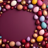 Maroon background with colorful easter eggs round frame texture