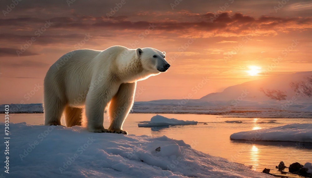 A beautiful polar bear in nature, sunset, evening time, dark, snowy and icy place A beautiful polar bear in nature, sunset, evening time, dark, snowy and icy place