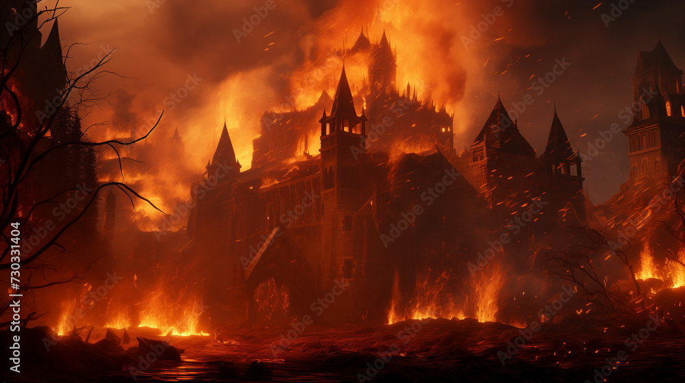 Medieval castle of a feudal lord burning in flames at night. Epic image of siege and war for a wallpaper background.