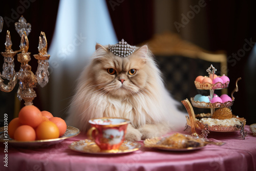 Regal cat poised with elegant tea set and luxurious desserts. Pet opulence and sophistication. © Postproduction