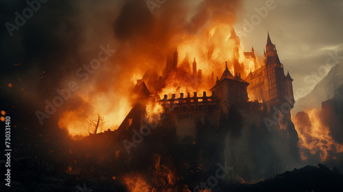 A majestic castle engulfed in flames under a dark sky with a landscape in the background