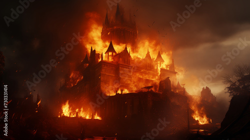 Medieval castle on fire at night, consumed by flames and surrounded by smoke in the turrets. History and wars in ancient times photo