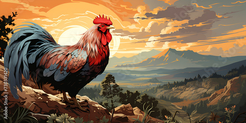 Rooster in nature under the open sky Colorful painting of rooster in the meadow at sunset.