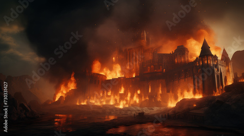 Gothic medieval cathedral in flames in the evening, with intense fire and black smoke. Historical drama landscape for a wallpaper background