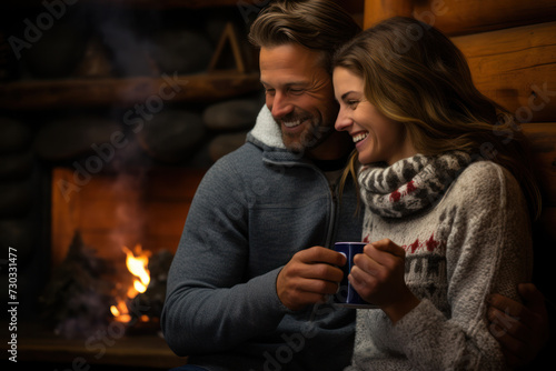 Couple enjoying warm drinks by fireplace on winter evening. Cozy and intimate atmosphere.