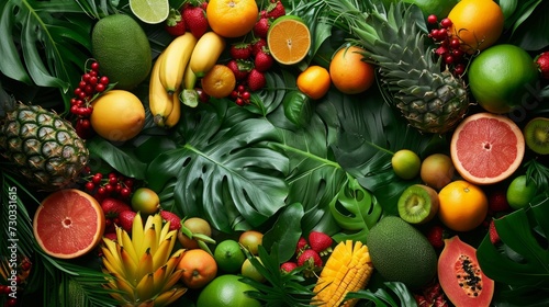 A burst of tropical foliage and vibrant fruits set the stage for a lively