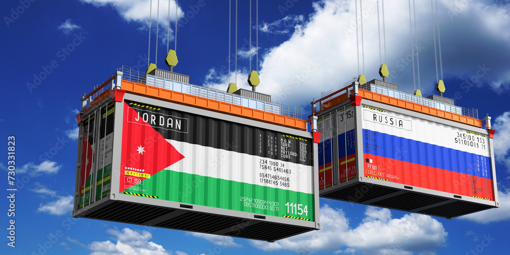 Shipping containers with flags of Jordan and Russia - 3D illustration Shipping containers with flags of Jordan and Russia - 3D illustration