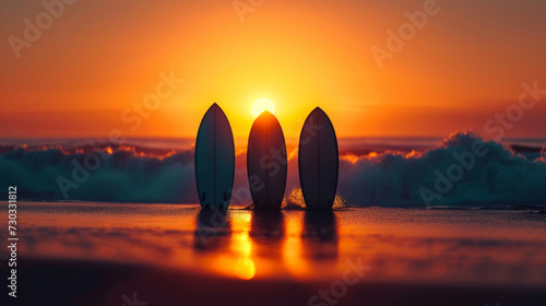 Minimalistic surfboard silhouettes against a radiant sunset capture the thril...