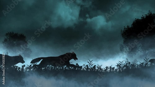 Wolves Running in a Lightning Storm 4K Loop features silhouettes of wolves running through a field of grass with a lightning storm in the background in a loop.