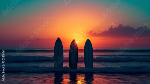 Minimalistic surfboard silhouettes against a radiant sunset capture the thril...
