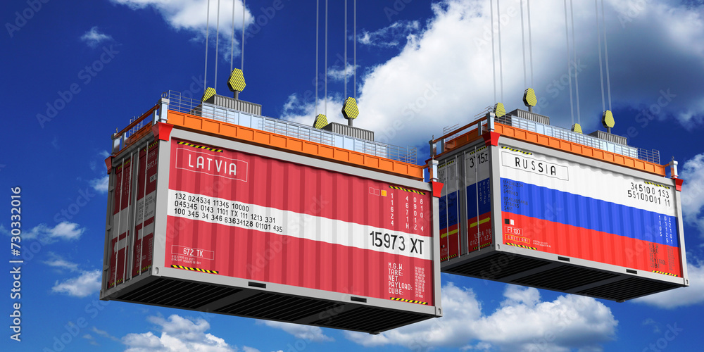 Shipping containers with flags of Latvia and Russia - 3D illustration