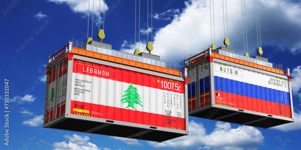 Shipping containers with flags of Lebanon and Russia - 3D illustration