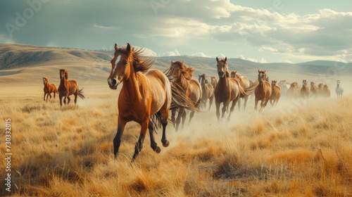 A herd of wild horses gallops freely across a sweeping, untouched landscape