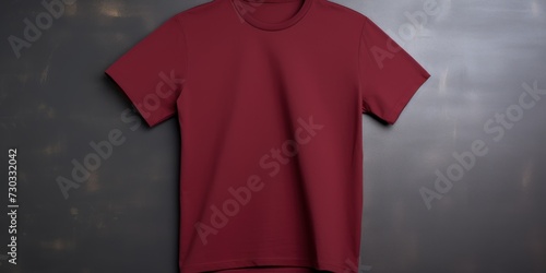 Maroon t shirt is seen against a gray wall