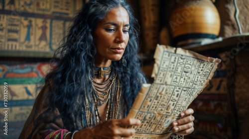 Woman Reading Ancient Egyptian Papyrus. Generative AI