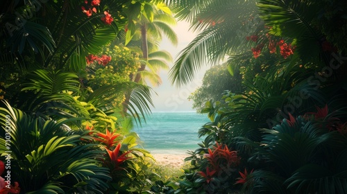 Exotic flora lines the coast, creating a lush, tropical paradise