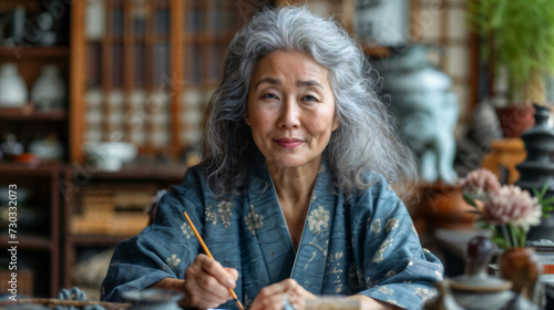 Mature Asian Woman Painting Ceramics. Generative AI