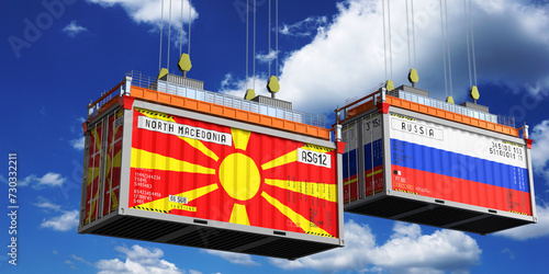 Shipping containers with flags of North Macedonia and Russia - 3D illustration